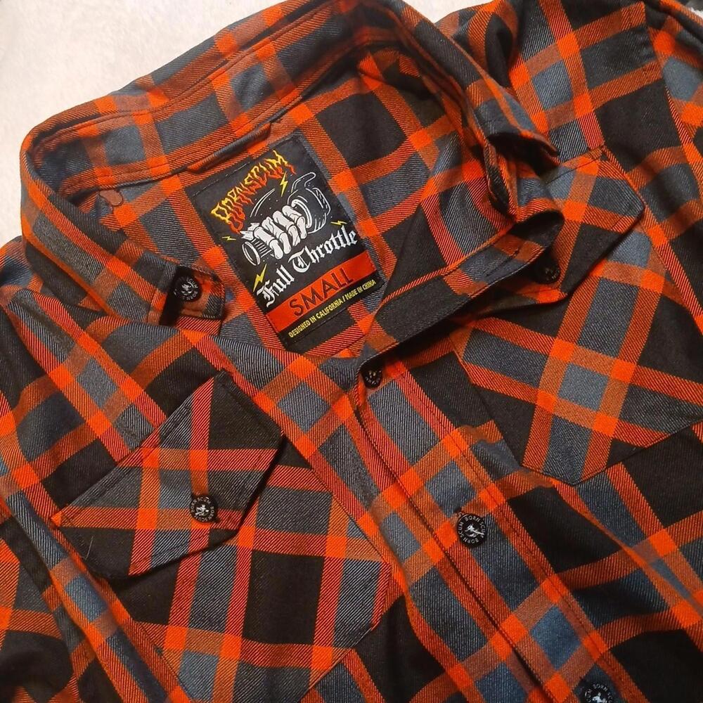 Born Scum Full Throttle Plaid Flannel Shirt Sz S Skull Biker Rockabilly Red Blk